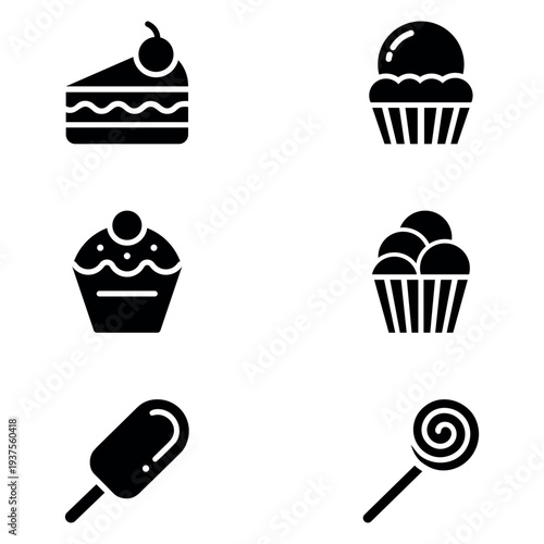 Sweet Dessert and Confectionery Glyph Icon Set - Cake, Ice Cream, and Candy Vector Collection