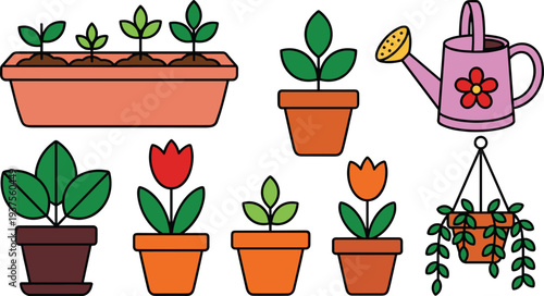 Cute potted plants and watering can collection, colorful garden vector illustration set isolated on white background for home decor and gardening design