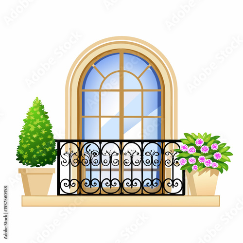 An ornate balcony with a view plants and decorative ironwork
