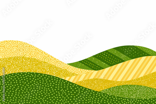Abstract landscape with rolling hills in shades of green and yellow