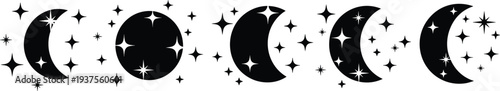 Set of celestial crescent moon phases and shining stars vector illustration in black silhouette style for astrology and mysticism