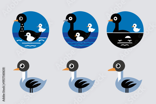Stylized duck and gosling illustrations in varying shades of blue