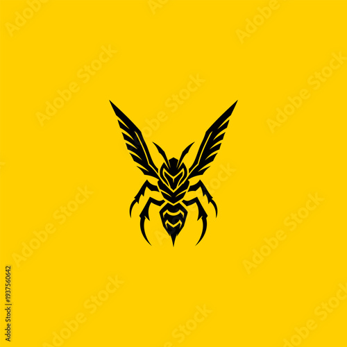 Stylized black hornet or wasp mascot logo with sharp wings and aggressive tribal design isolated on bright yellow background, modern vector illustration 