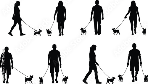 Black Silhouette Vector Icon Set of Men and Women Walking Small Dogs on Leashes Including Side Profile and Front View for Pet Care Design