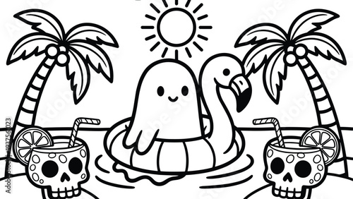 Cute summer beach coloring page with ghost float and flamingo, tropical cartoon outline illustration with palm trees and skull cocktails for kids activity