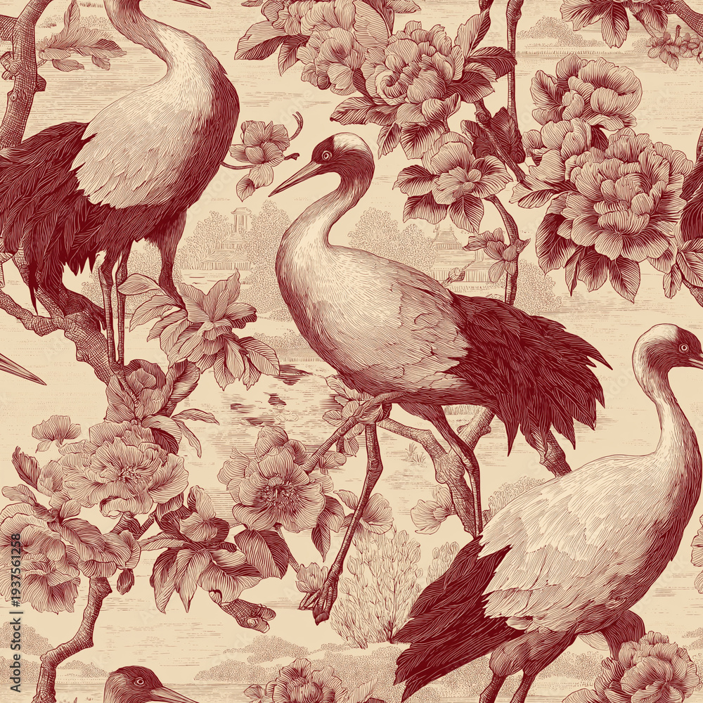Obraz premium Vintage toile-style illustration featuring elegant cranes among blooming peonies and winding branches in a monochrome red palette. Detailed ornamental composition with classic engraved texture and tim