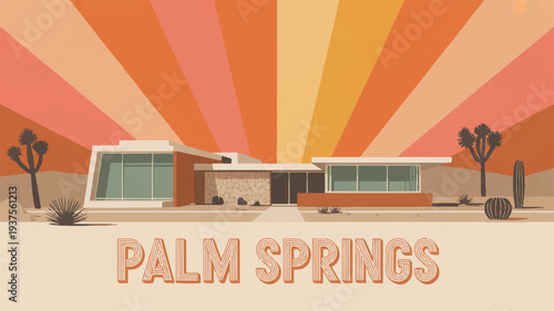 Retro style palm springs house illustration with vibrant desert sunset background and mid century modern architecture