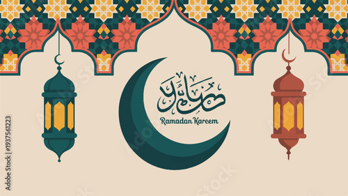Ramadan kareem greeting card with crescent moon lanterns and ornate islamic pattern on beige background symbolizing spiritual growth and festive celebration