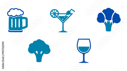 Beverage and healthy food icons including beer mug, cocktail, broccoli, and wine glass.