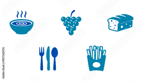 Restaurant icons including soup bowl, bread, grapes, cutlery, and french fries.