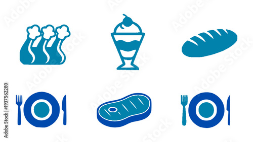 Food icons including sausage, ice cream, bread, steak, and dining plates for restaurant menus.