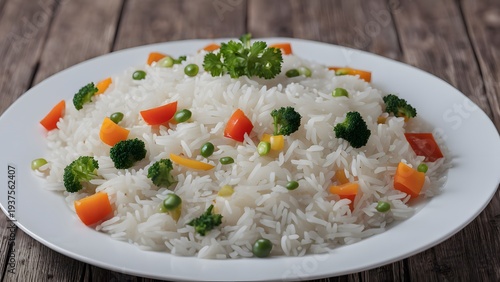 Appetizing healthy rice with vegetables in white plate on a wooden table