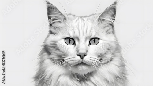 A stunningly poised cat existing in the stark contrast of a pristine white 