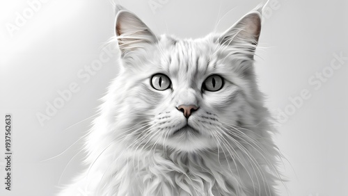 A stunningly poised cat existing in the stark contrast of a pristine white 