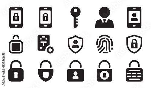 Cyber security icons collection with smartphone locks shields fingerprint and user profiles