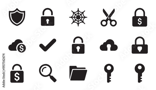 General purpose utility icon set including shield locks checkmark search magnifying and key