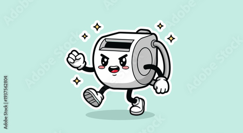 Cartoon Washing Machine Mascot Running Energetic Character.