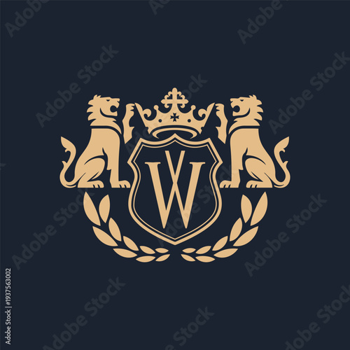 Luxury Royal Crest Logo with Lions Heraldic Shield Crown Gold Emblem