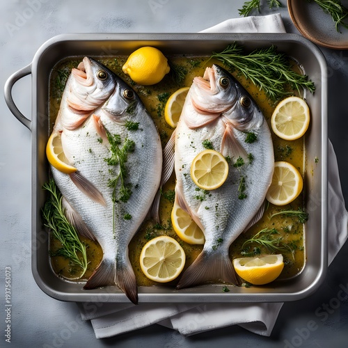 Baked fish dorado with lemon and herbs in baking pan