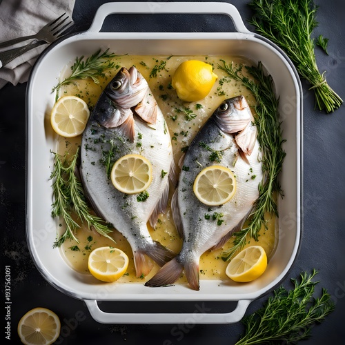 Baked fish dorado with lemon and herbs in baking pan