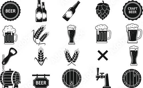 Black Silhouette Vector Icon Set of Beer Bottles Mugs With Foam Hop Cones Wheat Barrels And Bottle Opener For Craft Brewery And Pub Branding