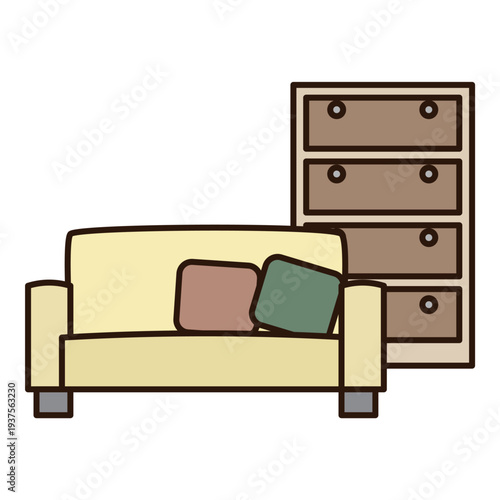 ソファとチェストが並んだリビングのイラスト