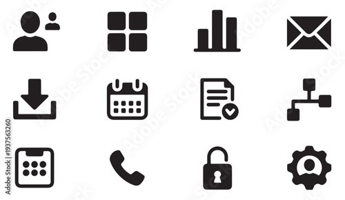 User interface and system icons including profile, calendar, communication and security