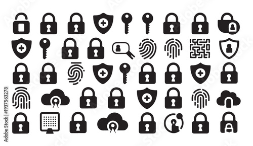 Security icons set including padlock key fingerprint shield and cloud storage vector symbols
