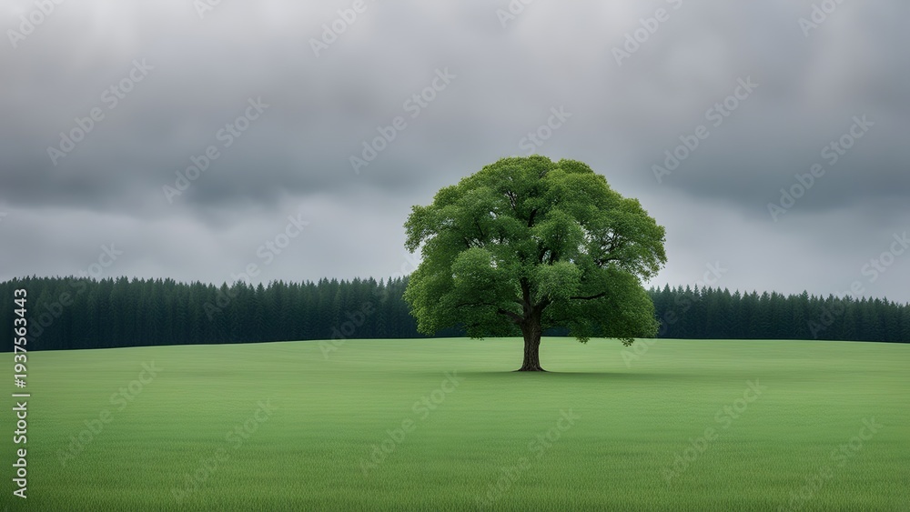 Fototapeta premium Beautiful tree in the middle of a field covered with grass with the tree line in the background