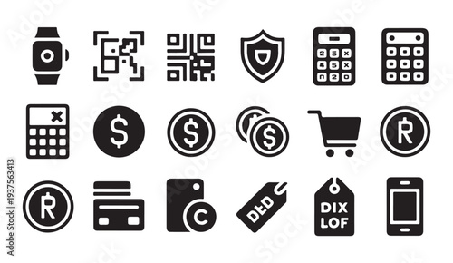 Digital payment and financial transaction icons. mobile commerce and security symbols