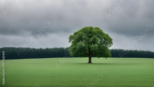 Beautiful tree in the middle of a field covered with grass with the tree line in the background