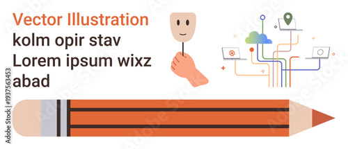 Creativity, identity, self-expression, digital art, education, and technology. A mask held by a hand, a pencil and tech-themed icons connected in a digital network. Creativity and identity