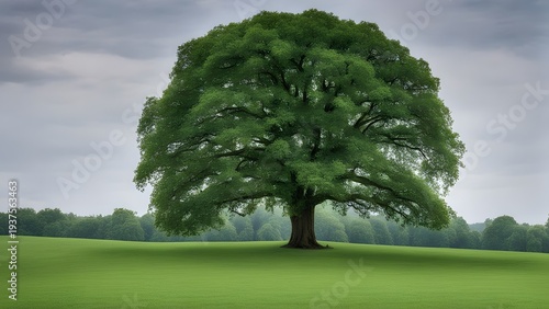 Beautiful tree in the middle of a field covered with grass with the tree line in the background