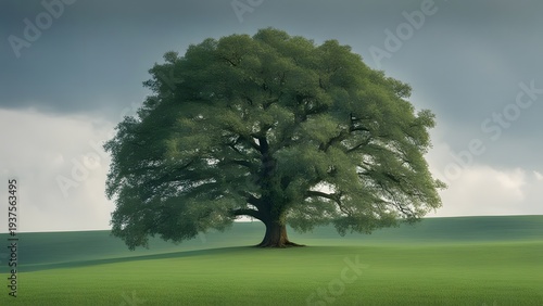 Beautiful tree in the middle of a field covered with grass with the tree line in the background