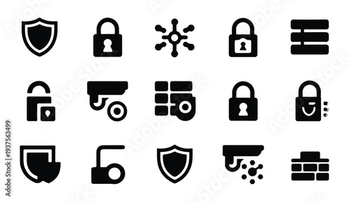 Network security and data protection icons collection for privacy system vector silhouette