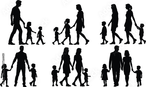 Family silhouettes collection of parents walking with children, black vector illustration isolated on white background for parenting, love, togetherness, and lifestyle design concepts