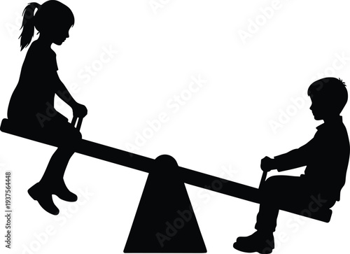 Children playing on seesaw silhouette illustration, kids playground activity, boy and girl balancing on teeter totter, childhood friendship fun outdoor play isolated black vector
