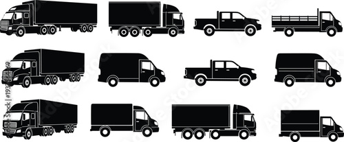 Black Silhouette Vector Icon Set of Commercial Trucks Including Semi Trailer Cargo Van Delivery Lorry And Pickup Truck For Logistics Freight Shipping And Transportation