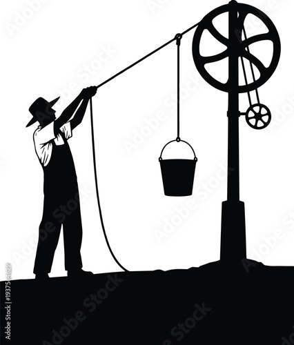 Farmer drawing water from traditional well using pulley and bucket silhouette, rural agriculture activity, countryside lifestyle concept, manual water supply illustration isolated