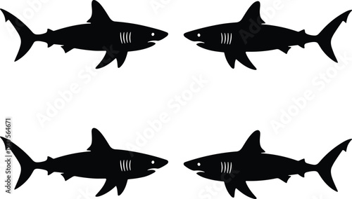 Great white shark silhouette set isolated on light background, marine predator fish icon collection, ocean wildlife vector illustration for logos, tattoos, stickers, and nautical designs