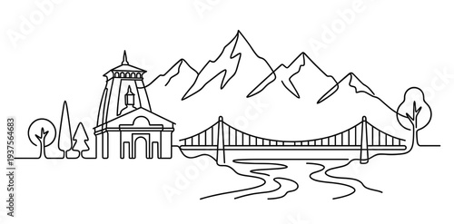 Uttarakhand skyline vector continuous one line drawing with Kedarnath temple, mountains, river, and bridge. Minimalist linear art illustration for travel and tourism.