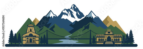 Uttarakhand skyline vector illustration featuring Kedarnath temple, Lakshman Jhula bridge, snow mountains, river, and heritage architecture in flat colorful design style.