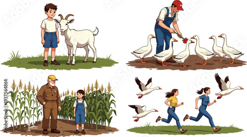 Farm life illustration set with farmer, child, goat, geese and corn field scenes, rural agriculture activities, countryside lifestyle, farming work, animals and nature