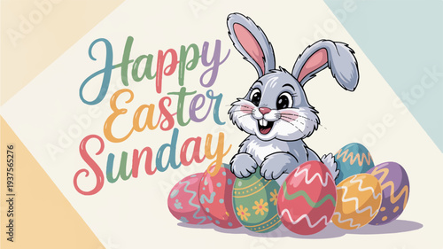 Cute easter bunny with colorful eggs and happy easter sunday text on pastel background