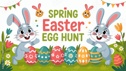 Two cartoon bunnies standing near colorful easter eggs on grass with bunting flags and spring flowers in a vibrant easter egg hunt scene