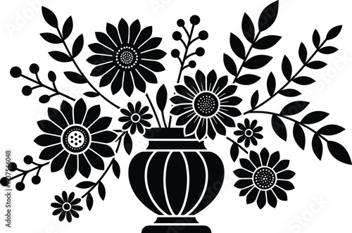 Floral bouquet in decorative vase silhouette, black botanical vector illustration isolated on white background for home decor, wall art, and elegant design projects
