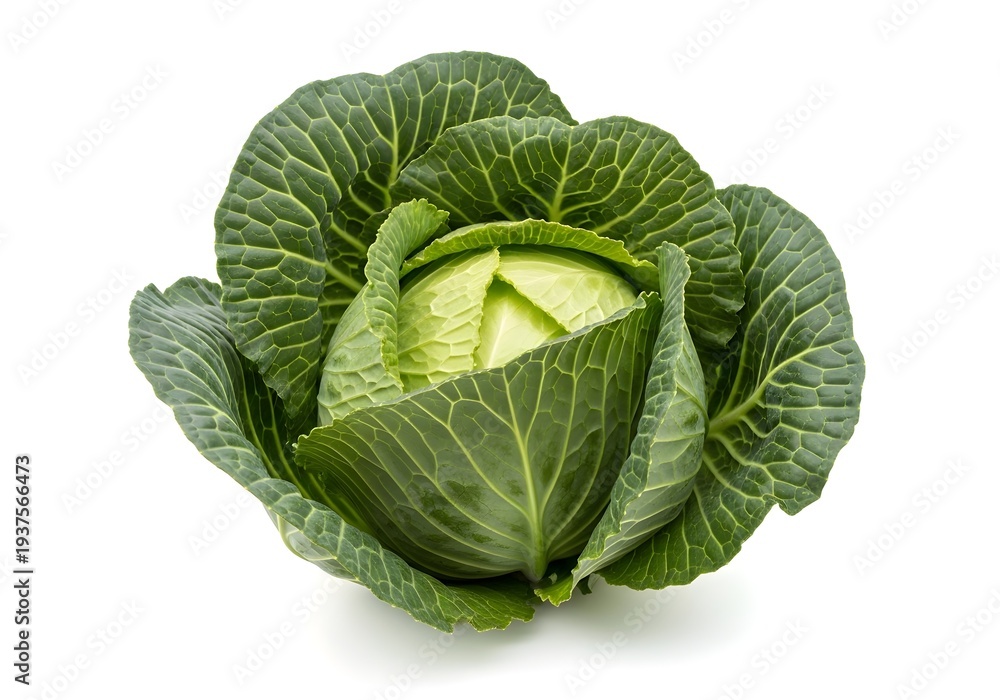 Fototapeta premium Fresh green cabbage head isolated on white background for food and health concepts