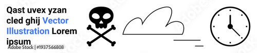 Danger, passage of time, warning signs, minimal aesthetics, modern communication, abstract storytelling. Skull and crossbones, cloud shape clock graphic. Danger and passage of time
