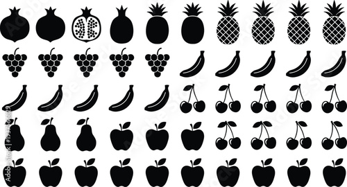 Fruit silhouette icon set with apple, banana, cherry, grape, pear, pineapple and pomegranate, black vector collection isolated on white background for healthy food design