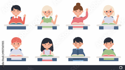 Diverse group of students studying and waving at desks